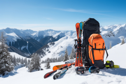 Egy hátizsák és síléc egy havas hegyen