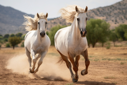 Zwei Pferde, die auf einem Schmutzfeld laufen