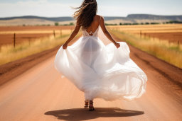 a woman in a white dress walking down a dirt road