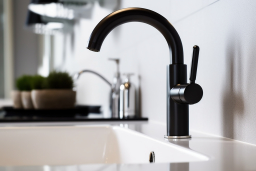 a black faucet on a white sink