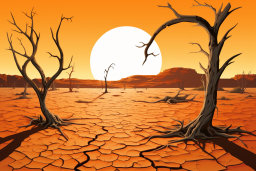 a dry cracked ground with trees and a sun in the background