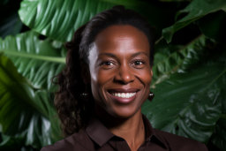 a woman smiling in front of a leafy green background