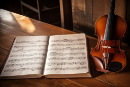 Violin and Sheet Music on Wooden Table