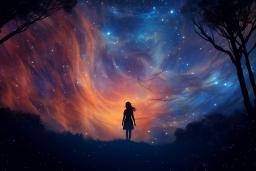 Une silhouette d'une femme debout sur une colline avec des arbres et des étoiles dans le ciel