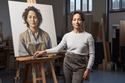 a woman standing next to a painting