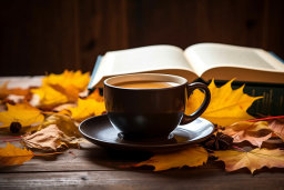 Une tasse de thé et un livre sur une table avec des feuilles