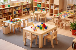 uma sala de aula com mesas e cadeiras e brinquedos