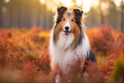 a dog sitting in a field of red plants