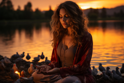 Une femme assise sur une plage avec des oiseaux en arrière-plan