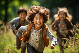 a group of children running in a field