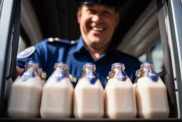 a man in uniform smiling at a group of bottles of milk