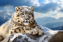 a leopard lying on a rock with snow on it