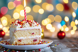 Festive Birthday Cake Slice with Lit Candle