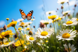 Una mariposa volando sobre un campo de flores