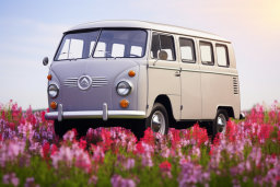 a van in a field of flowers