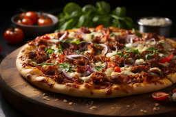 une pizza avec de la viande et des légumes sur une surface en bois