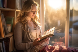 Une femme lisant un livre par une fenêtre