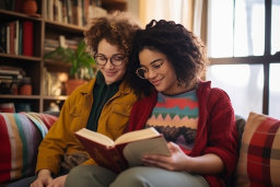 two women sitting on a couch reading a book