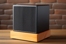 a black square speaker on a wooden stand