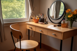 a makeup table with a mirror and a chair