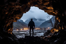 un hombre parado en una cueva