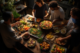 Egy csoport ember egy asztal körül, tele van ételekkel