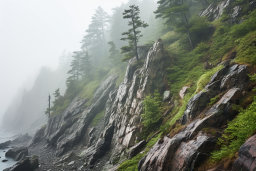 Foggy Cliffside Forest Landscape