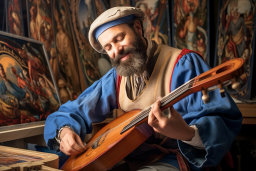 a man in a garment playing a musical instrument