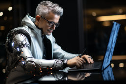 Un homme avec un bras robot travaillant sur un ordinateur portable