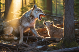 a wolf and a baby wolf in the woods