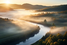 a river running through a valley with fog