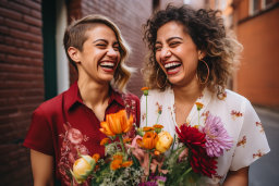 Deux femmes riant et tenant des fleurs