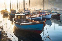 Misty Harbor Morning with Boats