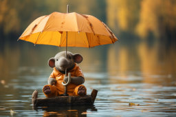 Ein ausgestopfter Elefant in einem Boot mit einem Regenschirm