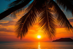 Tropical Sunset Through Palm Leaves