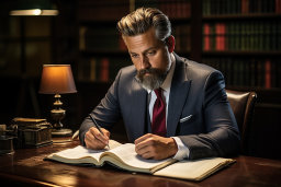 a man in a suit writing in a book