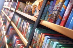 Un personnage de dessin animé faisant un coup de pied sur une étagère de livres