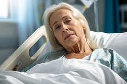 a woman in a hospital bed