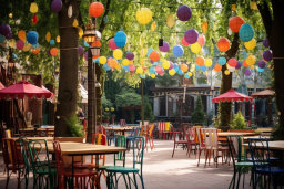 a colorful outdoor area with tables and chairs and lanterns