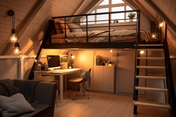 Une chambre avec un lit mezzanine et un bureau