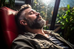 Un homme avec une barbe et une moustache allongés sur un canapé rouge