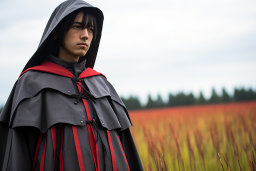 a man in a black and red hooded cloak in a field of grass