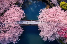 Aerial View of Cherry Blossoms and Bridge