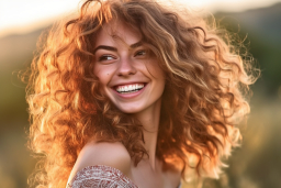 Une femme aux cheveux bouclés souriant
