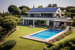 Une maison avec une piscine et une pelouse