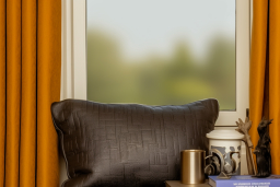 um travesseiro marrom em uma mesa ao lado de uma janela