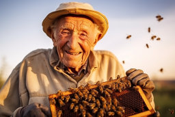 Un vieil homme tenant un nid d'abeille avec des abeilles