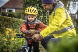 a man teaching a child to ride a bike