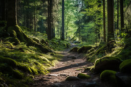 un chemin de terre à travers une forêt