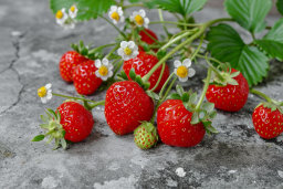 Fresh Strawberries with Flowers and Leaves